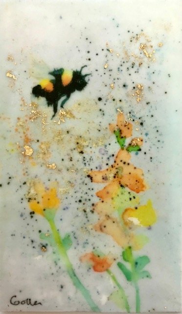 Carrie Goller - Bumble Bee and Yellow Flowers, miniature encaustic giclee print with gold leaf, 3 x 4.75