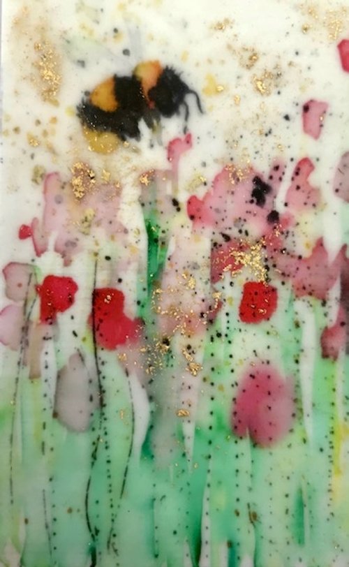 Carrie Goller - Bumble Bee and Red Flowers, miniature encaustic giclee print with gold leaf, 3 x 4.75