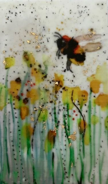 Carrie Goller - Bumble Bee and Yellow Flowers, miniature encaustic giclee print with gold leaf, 3 x 4.75
