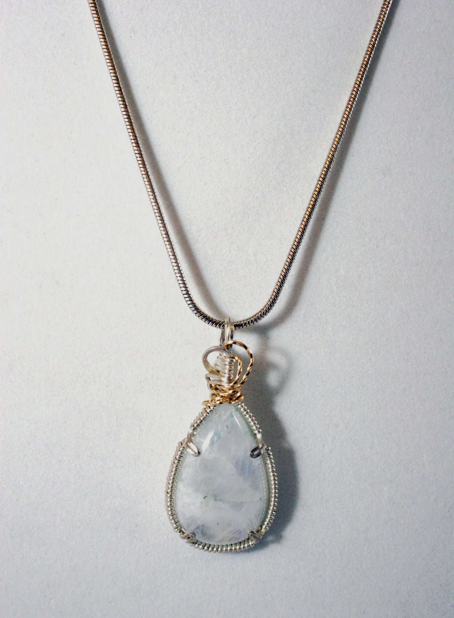 ***SOLD*** MOONSTONE (premium AAA) CHARLES GOLLER - sterling silver wire-wrapped crystal/gemstone pendant-necklace with sterling snake chain