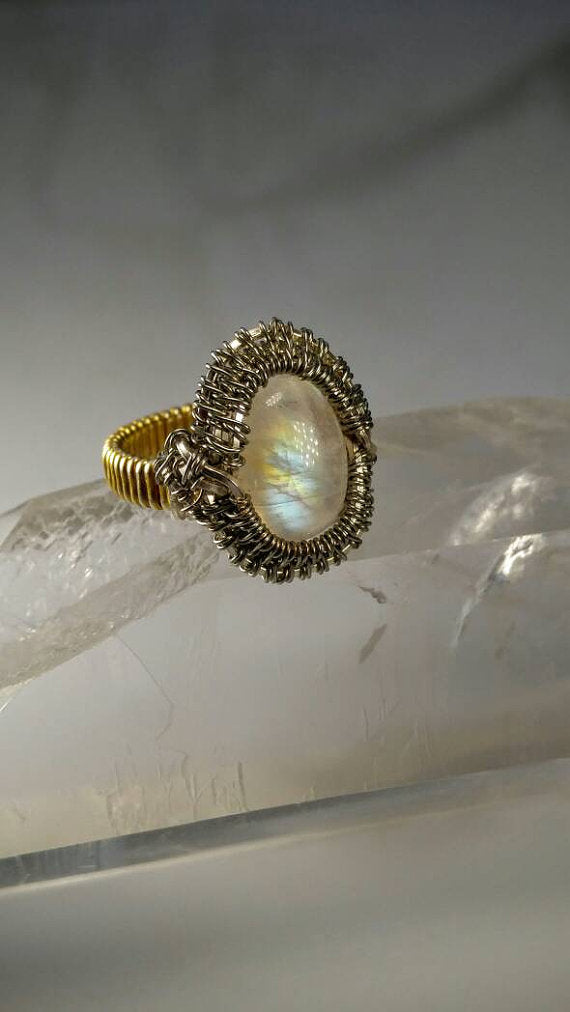 ***SOLD***CHARLES GOLLER - Rainbow Moonstone ring in silver and gold-plated wire-wrapped, size 7