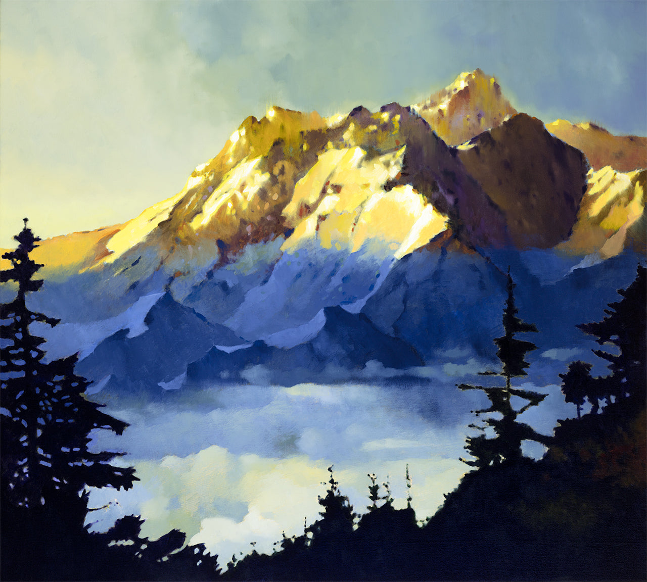 Prints available, original***SOLD***Max Hayslette - Morning Mist in the Olympics, (HMOC 1651), Oil & Mixed Media, 36x40