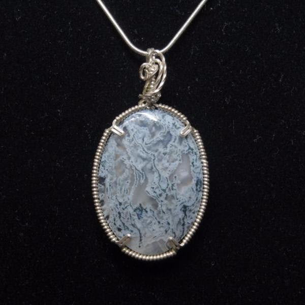 ***SOLD*** CHARLES GOLLER - Moss Agate in sterling silver wire-wrapped crystal/gemstone pendant-necklace with sterling snake chain