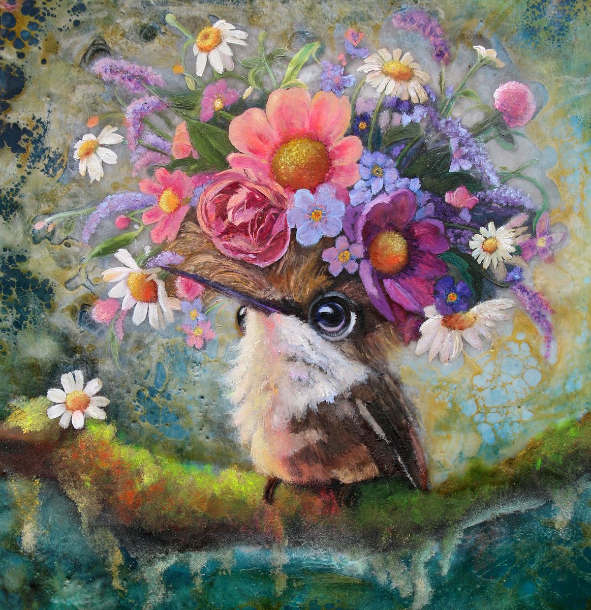 CARRIE GOLLER - Mosswyn (Floriferous Bouffant Collection Hummingbird) Mixed media - original oil/encaustic 12x12 (framed)