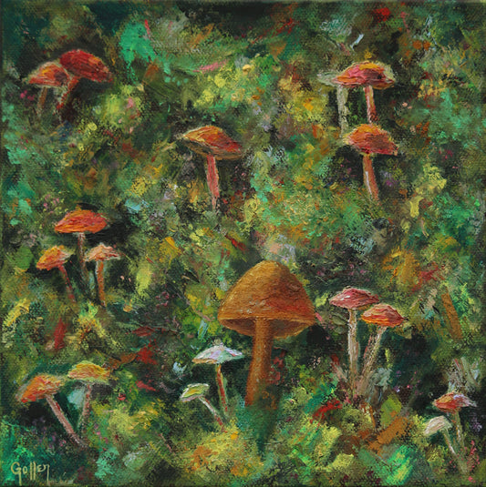 Carrie Goller - Mossy Mushrooms, Original Oil, 8" x 8"