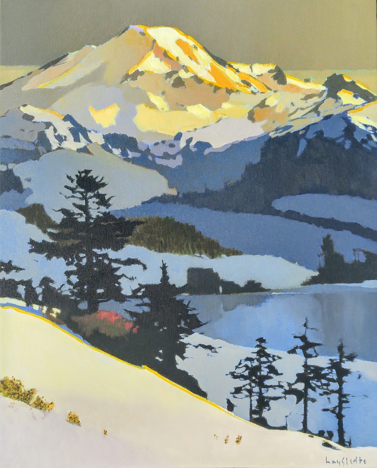 Prints available, original ***SOLD*** MAX HAYSLETTE - Mount Baker in Winter No. 2, Oil & Mixed Media 30x24 (HMOC 1598)