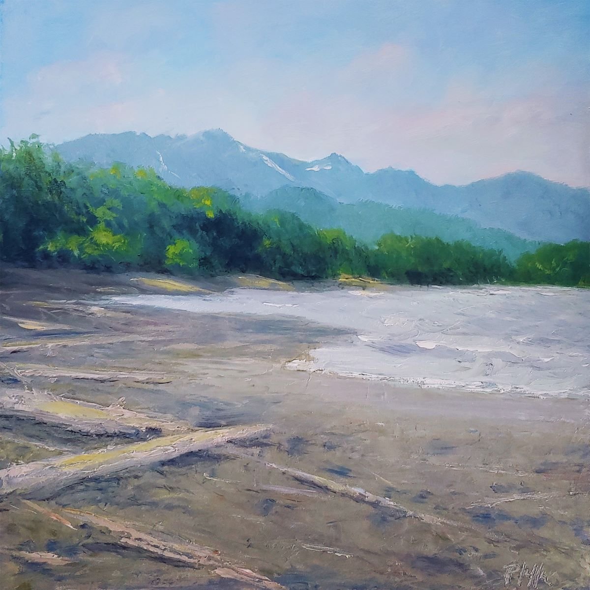 TIM PFEIFFER - Mouth of the Elwha Beach, oil on archival wood panel 12 x 12 (framed)