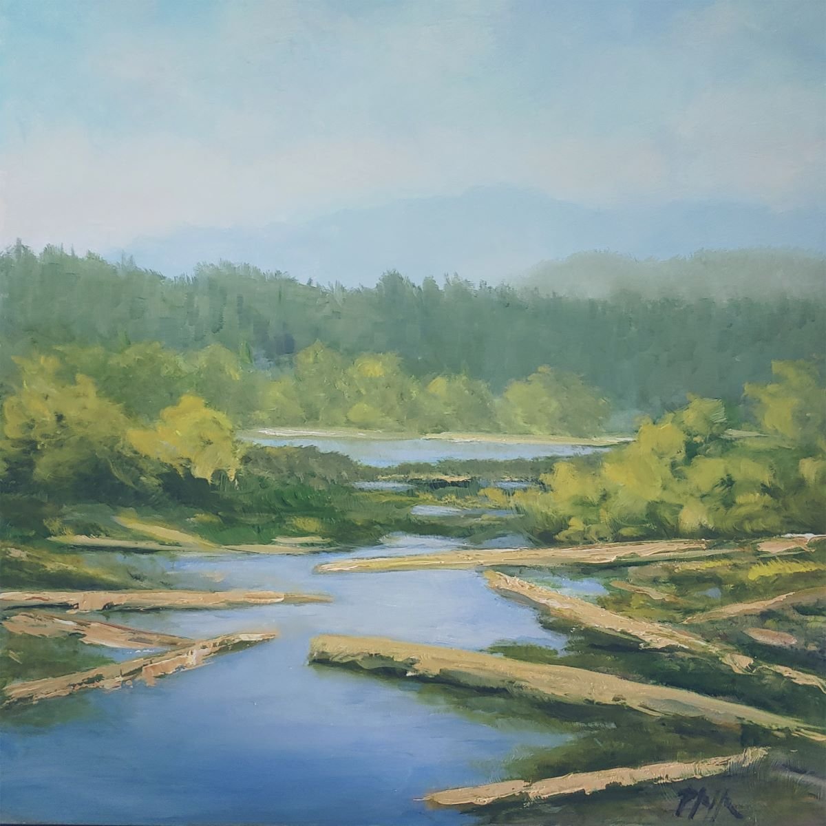 TIM PFEIFFER - Mouth of the Elwha River, oil on archival wood panel 12 x 12 (framed)