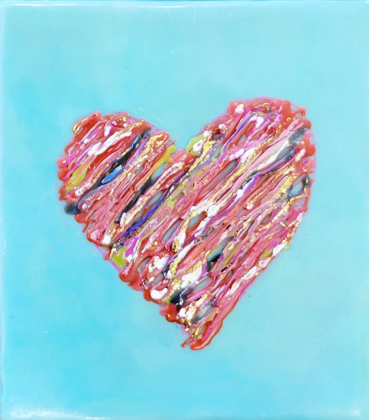 ***SOLD*** Carrie Goller - Multicolor heart on teal blue with gold leaf, encaustic 5.5x4.5