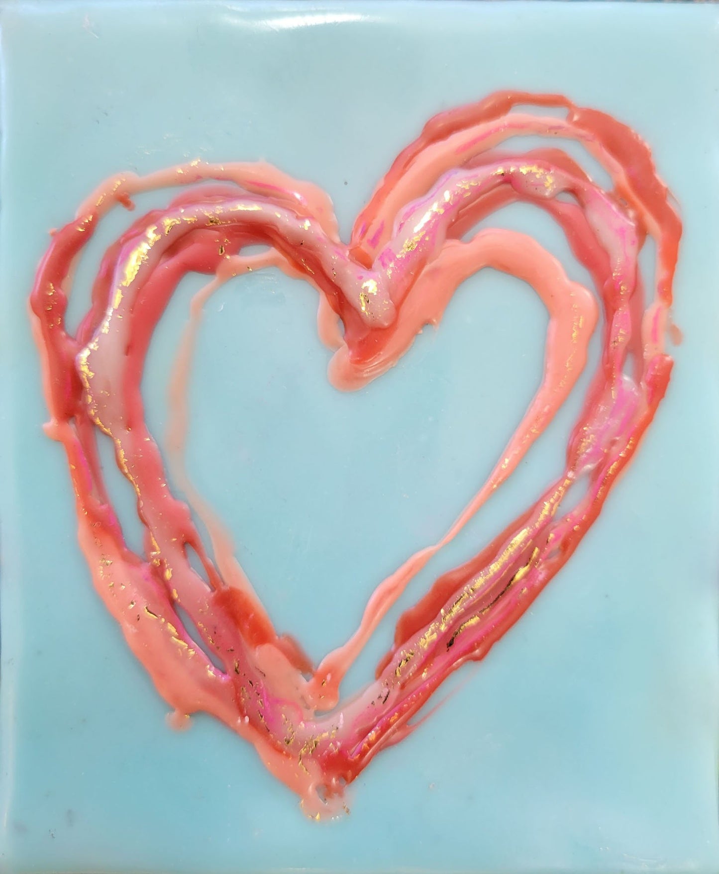***SOLD*** Carrie Goller - Multicolor heart on teal with gold leaf, encaustic 4x3.5