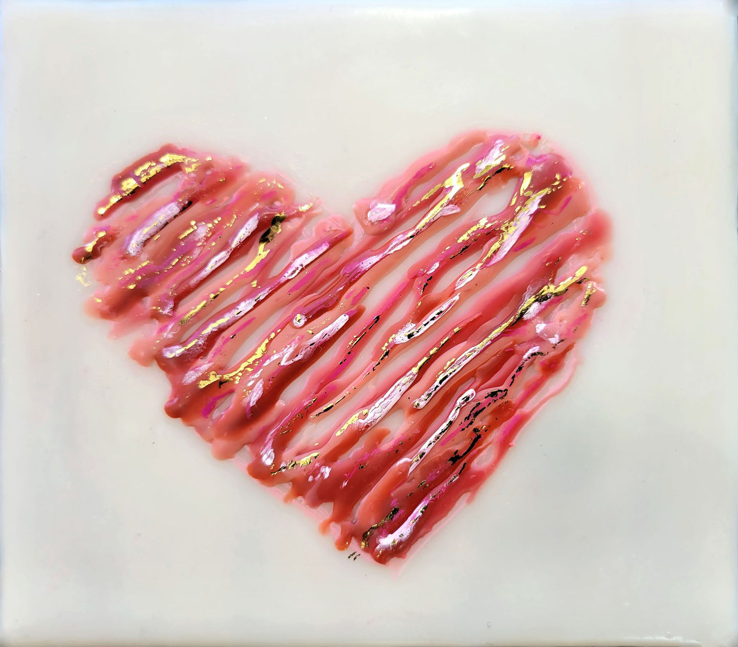 ***SOLD*** Carrie Goller - Multicolor heart on white with gold leaf, encaustic 4.5x5.5
