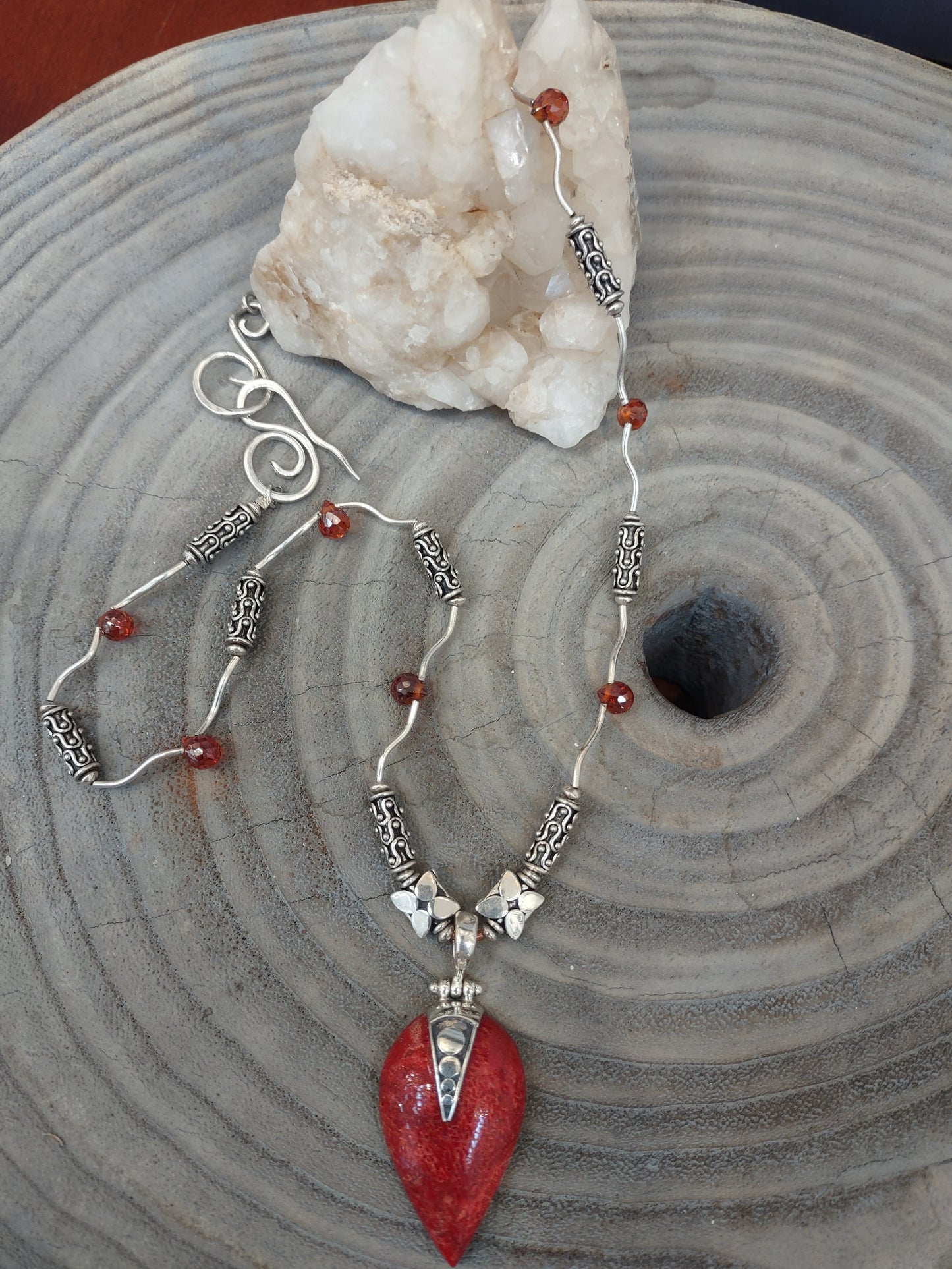 Available Upon Request - N211 Debra Saldivar - Necklace Bali Silver, Sponge Coral, Cubic Zirconia, Sterling Silver
