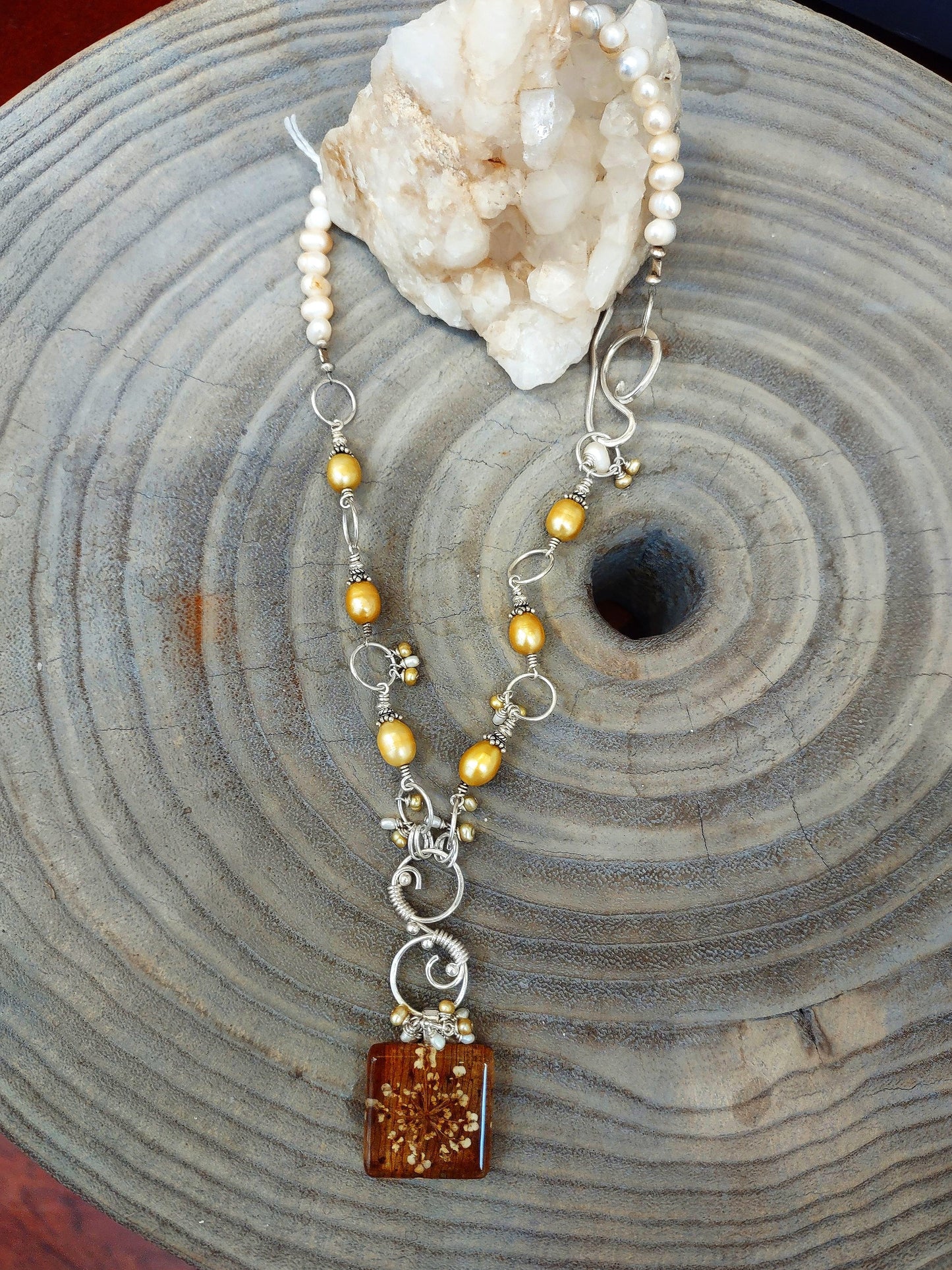 ***SOLD*** N214 Debra Saldivar - Necklace Freshwater Pearls, Sterling & Fine Silver, Botanical Ctr Piece SOLD