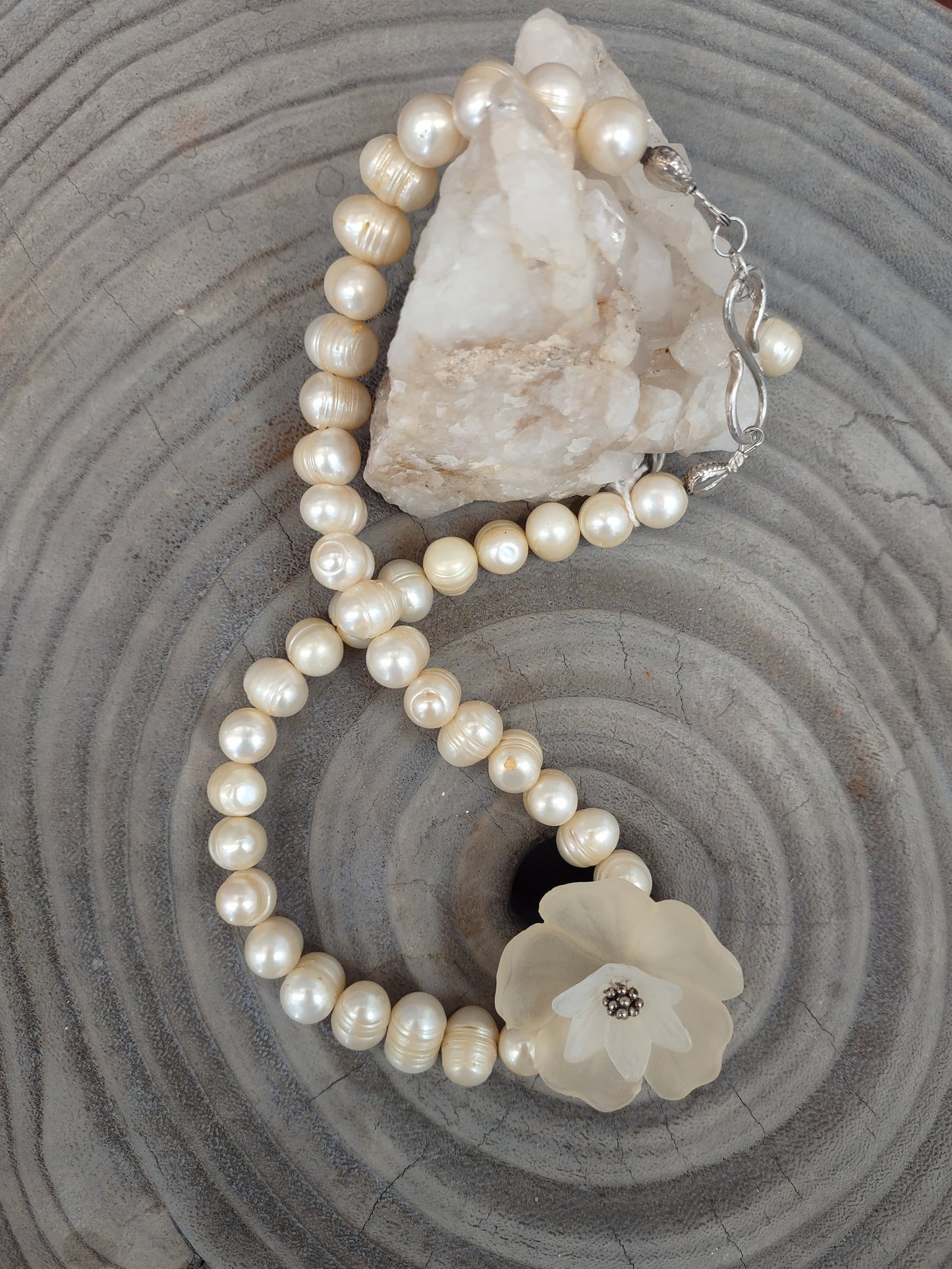 ***SOLD*** N201 Debra Saldivar - Necklace Ivory Freshwater Pearls, Vintage Lucite Flowers, Bali Silver, Handtooled Sterling Closure SOLD