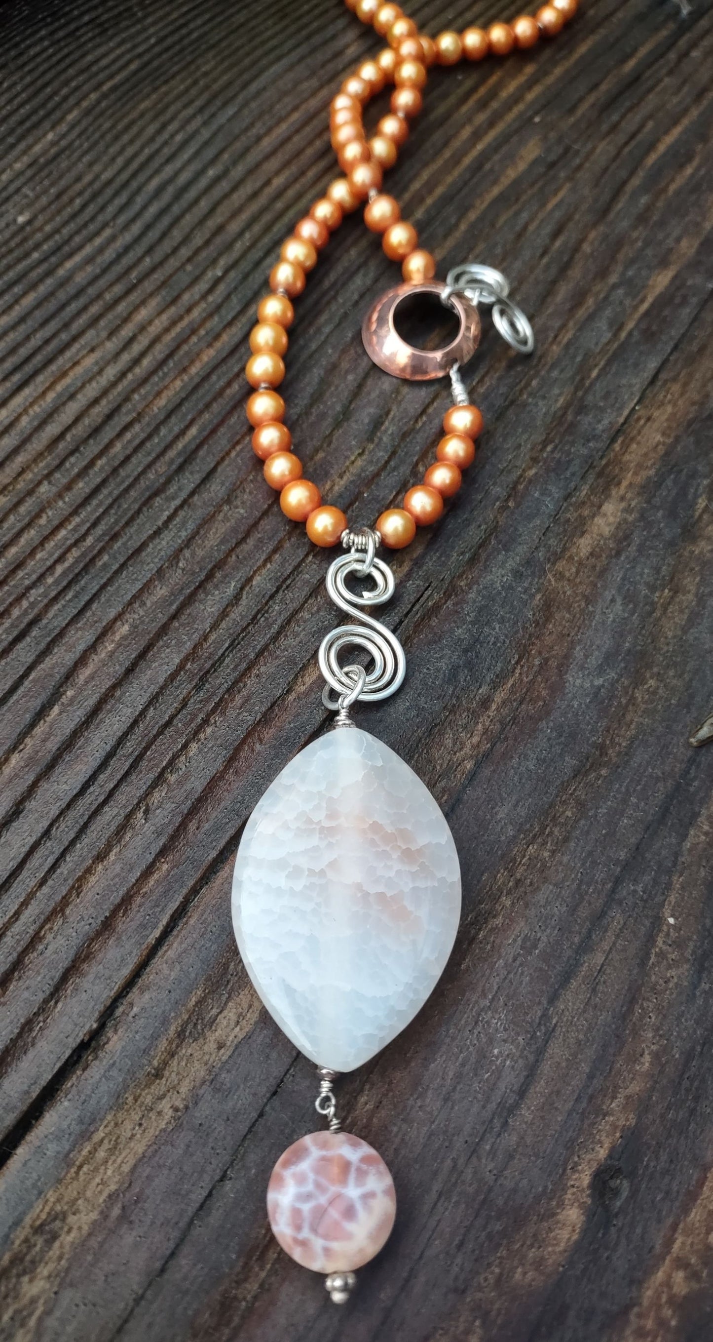 **NEW** N781 Debra Saldivar - Necklace, Freshwater Pearls, Handtooled Copper & Sterling Silver, Snake Agate Center Piece