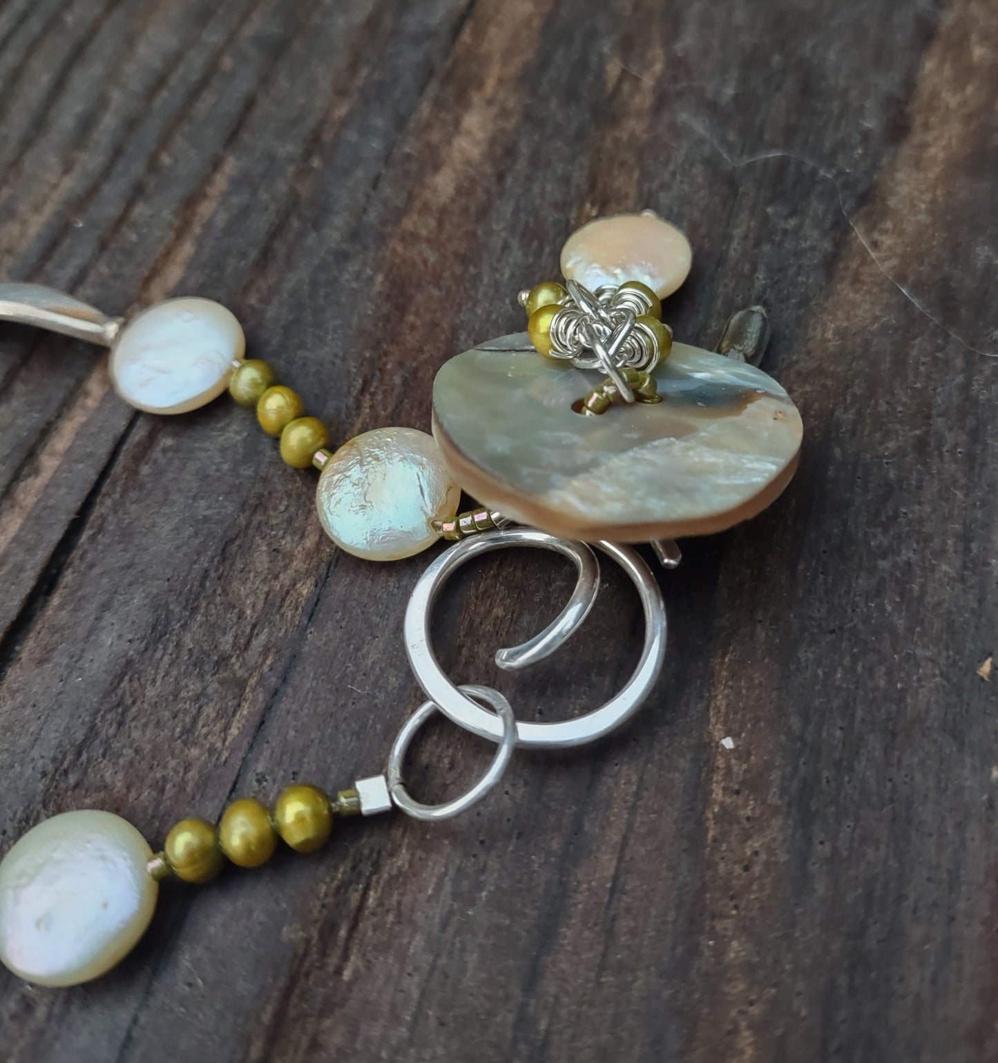 **NEW** N804 Debra Saldivar - Necklace, Freshwater Pearls, Shell Button, Bali Silver, SS hand tooled front closure