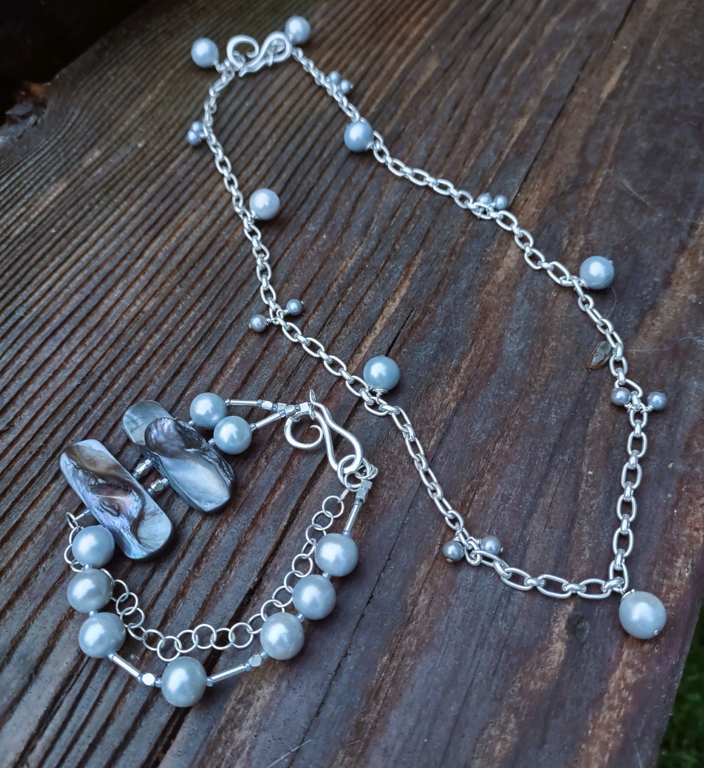 Available Upon Request - N898 Debra Saldivar - Necklace, Freshwater Pearls, Handtooled Sterling Hook, Sterling Chain, Shell