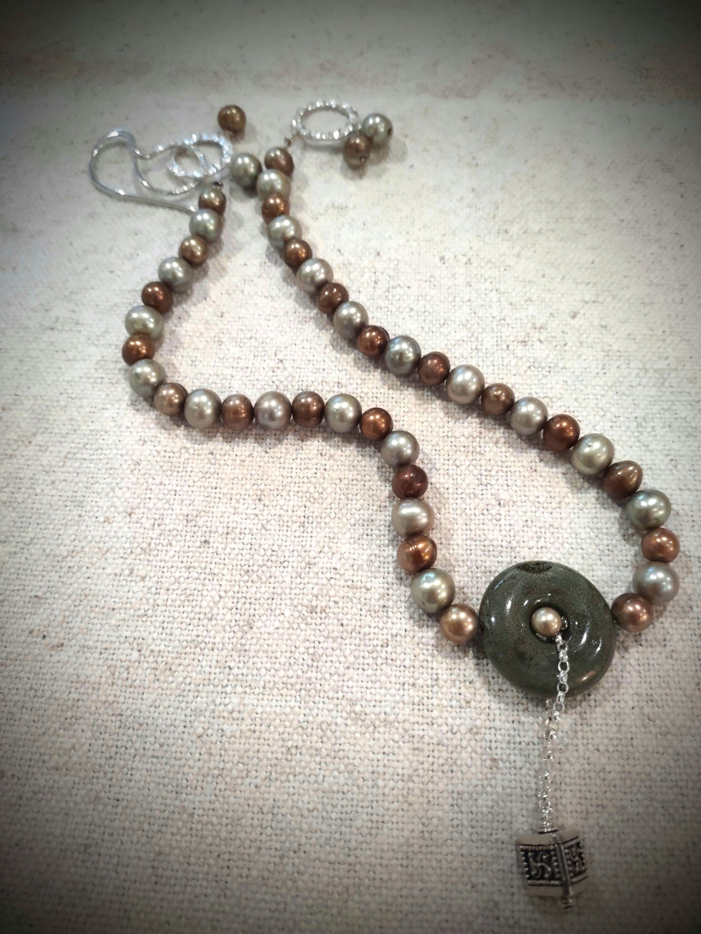 N918 Debra Saldivar - Necklace, Sterling Silver, Freshwater Pearls, Sterling Silver, Ceramic