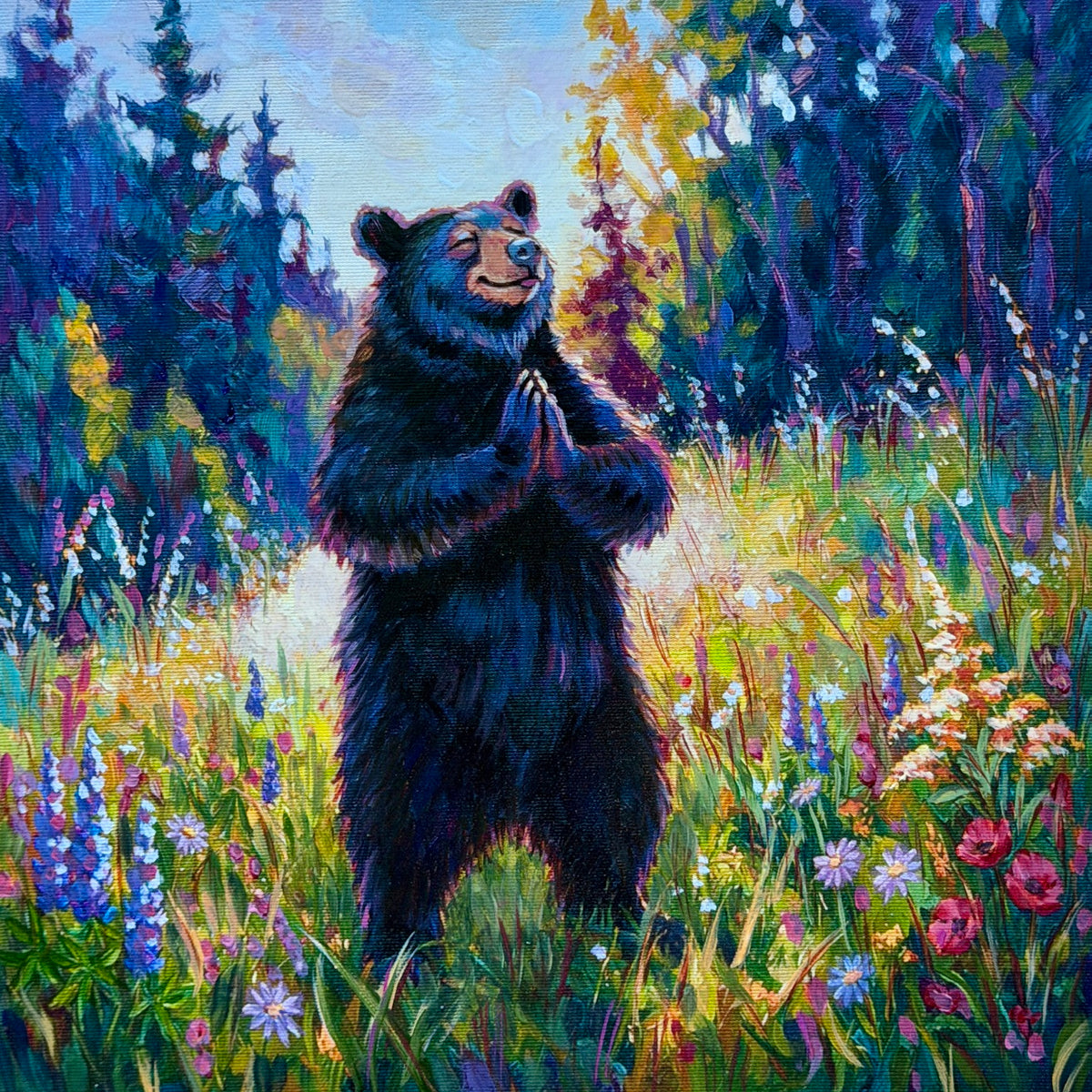 JANDI SMALL - Yoga Bear - Namaste, Oil on canvas panel, image 12x12, framed