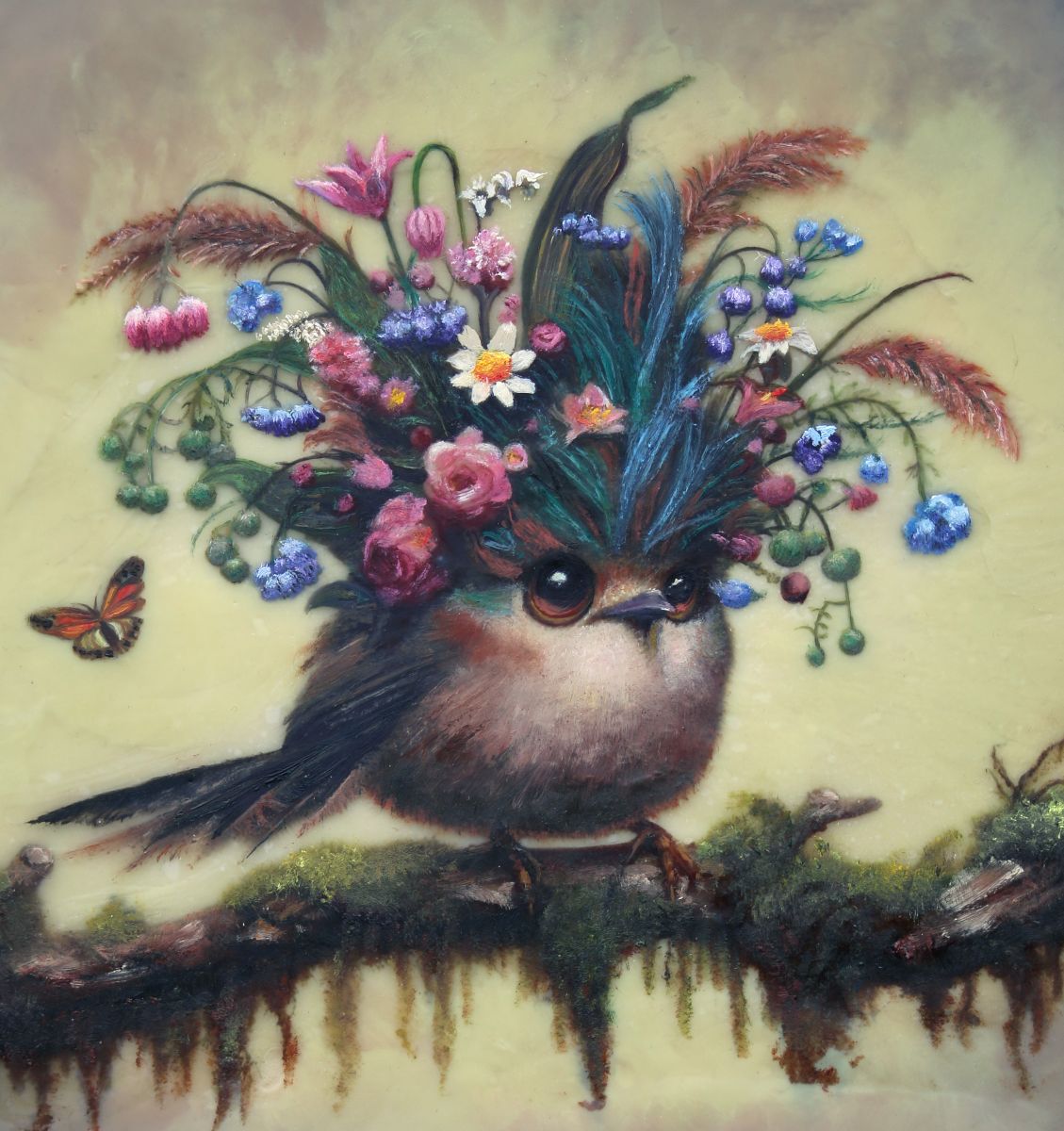 CARRIE GOLLER - Natasha, Floriferous Collection, Mixed media oil/encaustic 8x8 (Bird)******At Rehs Contemporary Galleries, NYC, please inquire at (212) 355-5710***