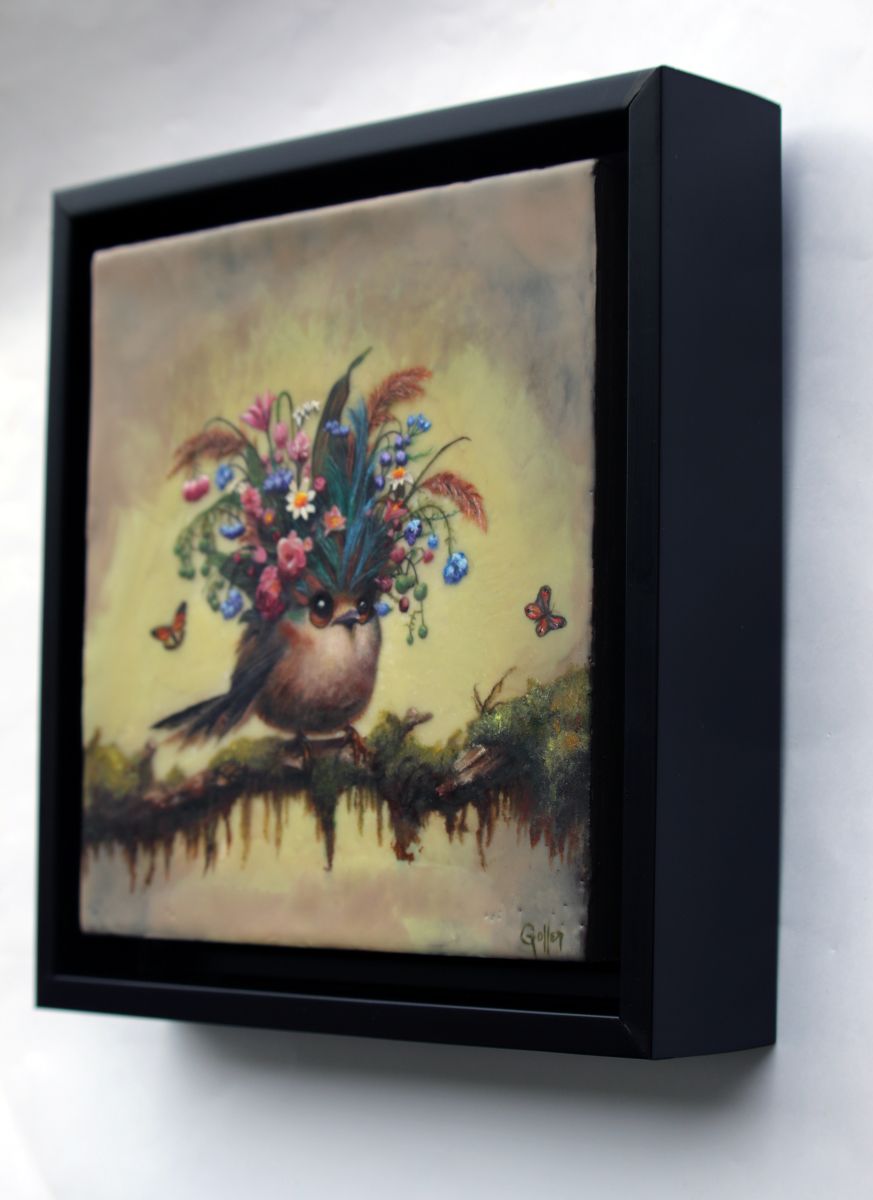 CARRIE GOLLER - Natasha, Floriferous Collection, Mixed media oil/encaustic 8x8 (Bird)******At Rehs Contemporary Galleries, NYC, please inquire at (212) 355-5710***