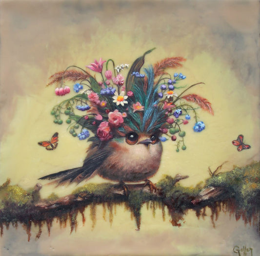 CARRIE GOLLER -  Natasha, Floriferous Collection, Mixed media oil/encaustic 8x8 (Bird)******At Rehs Contemporary Galleries, NYC, please inquire at (212) 355-5710***