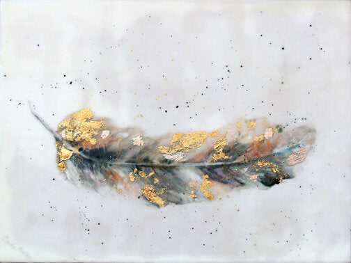 Prints available, original ***SOLD*** CARRIE GOLLER - NATURAL XI, watercolor/ encaustic, gold/silver leaf,  12x9