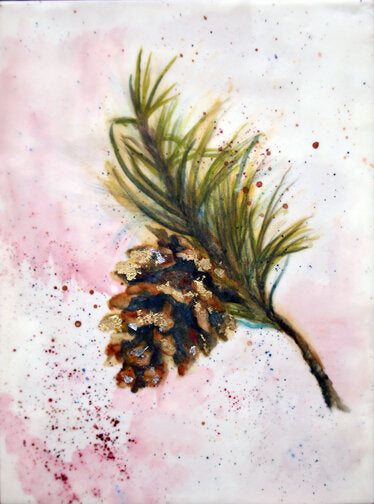 Prints available, original ***SOLD*** CARRIE GOLLER - NATURAL XII,  watercolor encaustic, gold/silver leaf 12x9