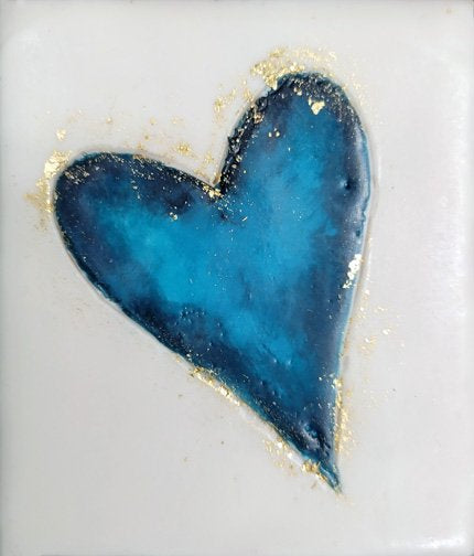 ***SOLD*** Carrie Goller - Navy & Turquoise Heart with Gold Leaf on White, encaustic 4x3.5