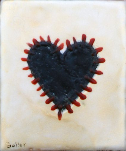 ***SOLD*** Carrie Goller - Navy Heart with Red "Threads" on Opalescent Gold/Cream encaustic 4x3.5