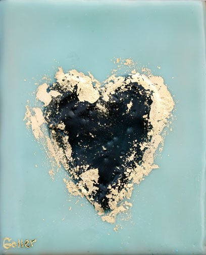 ***SOLD*** Carrie Goller - Navy on Teal Heart with Gold Leaf, encaustic 4x3.5