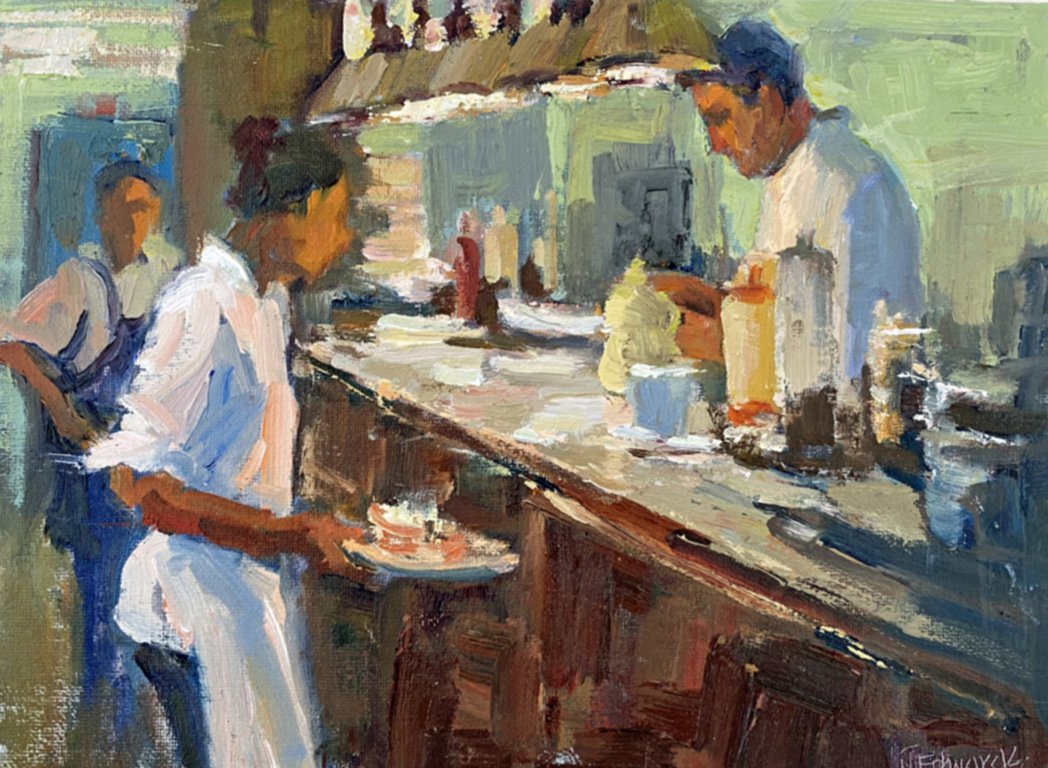 ***SOLD*** JEANNE EDWARDS - New Orleans Cafe, oil on panel (framed) 9x12