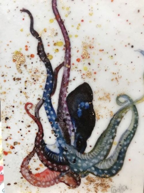 ***SOLD***Carrie Goller - Octopus, miniature encaustic giclee print with gold leaf, 3 x 4.75