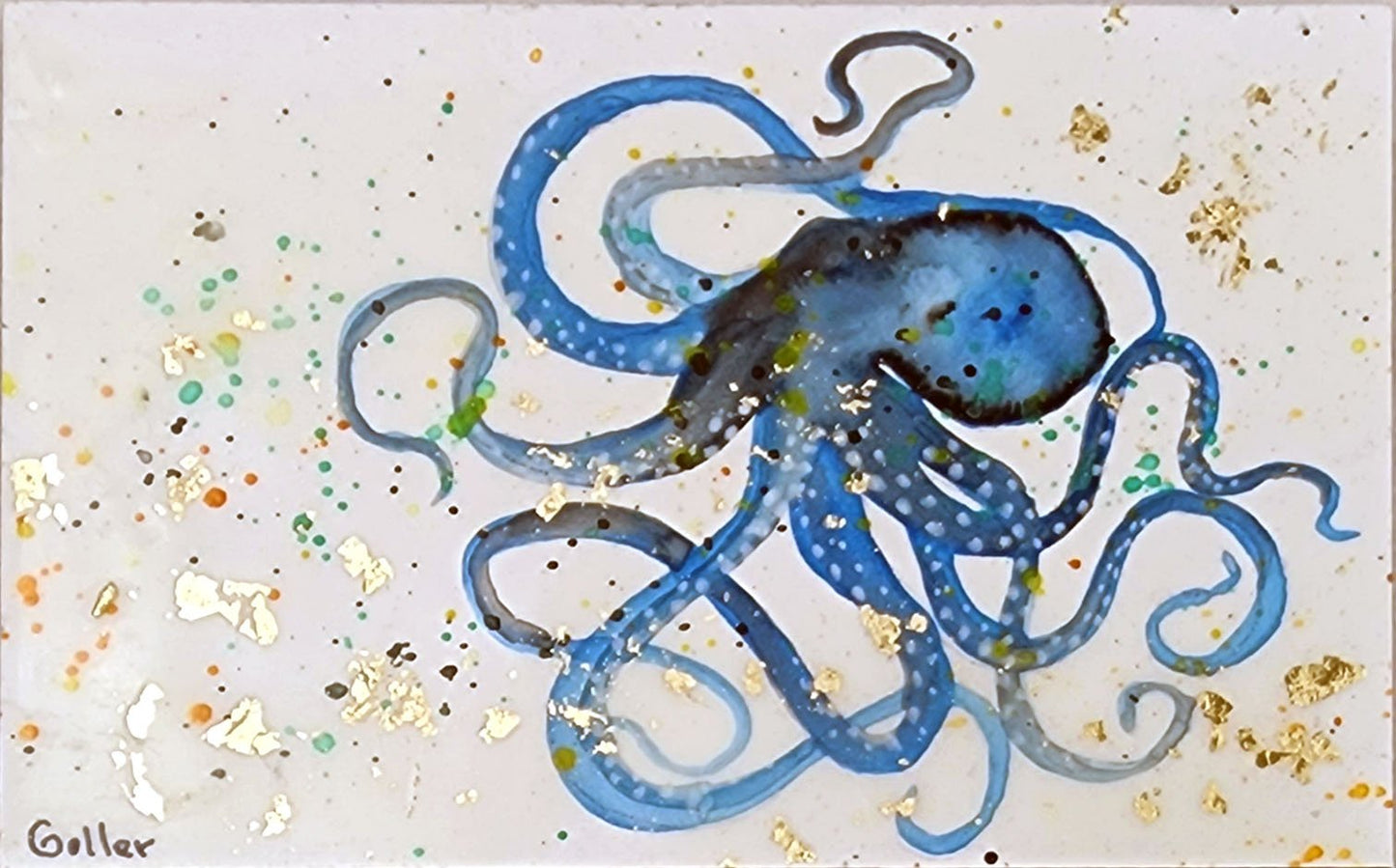 ***SOLD*** Carrie Goller - Original Octopus Miniature Painting 3 x 4.75 - Encaustic/Watercolor/Gold Leaf