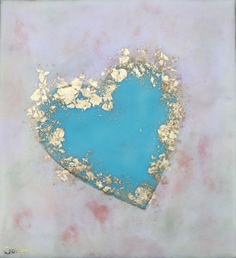 ***SOLD*** Carrie Goller - Turquoise on Opalescent Heart with Gold Leaf, encaustic 7x7