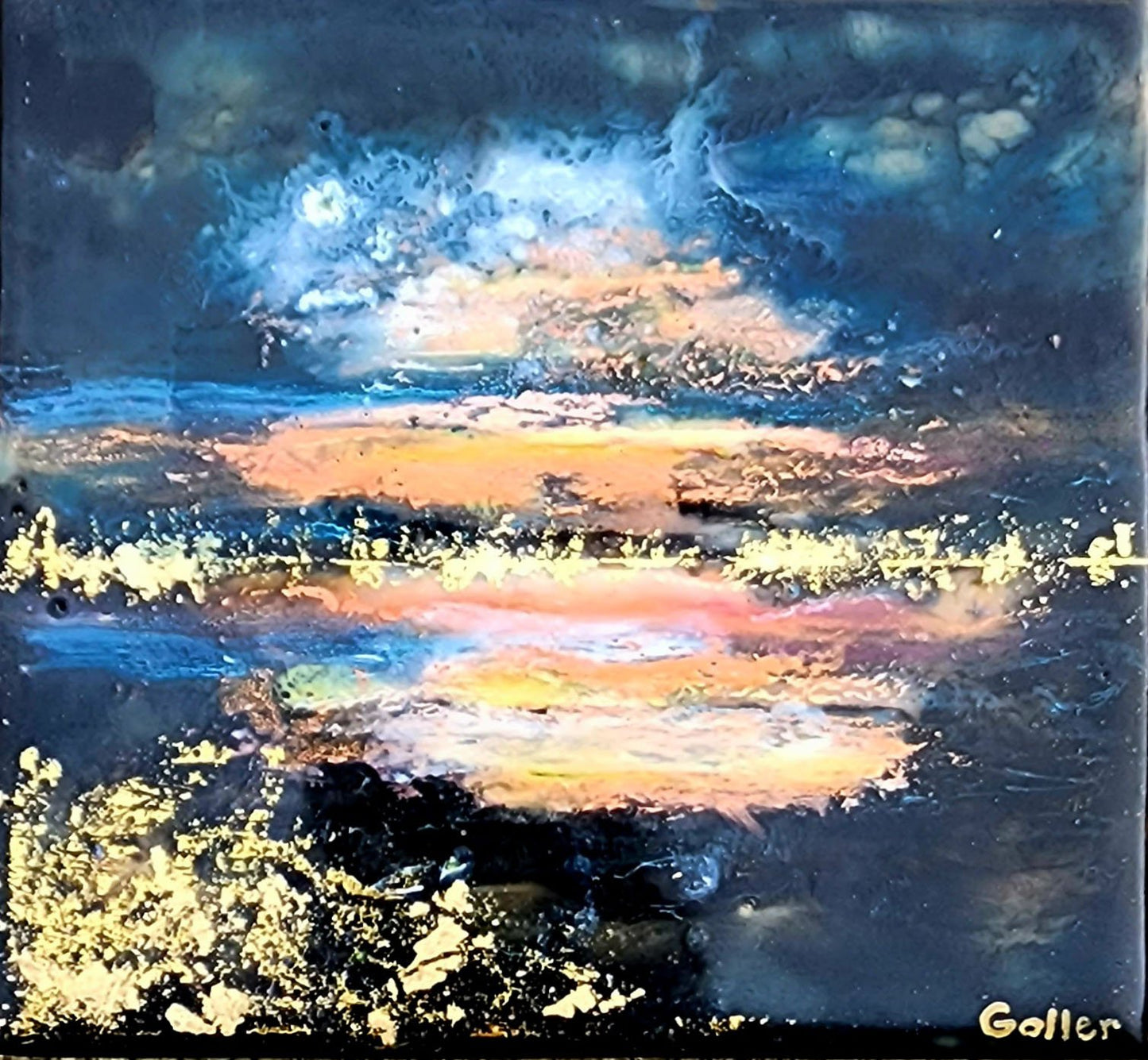 Prints Available ***SOLD*** Carrie Goller - Oyster Bar - Study II, Encaustic/Gold leaf 5.3x5.75