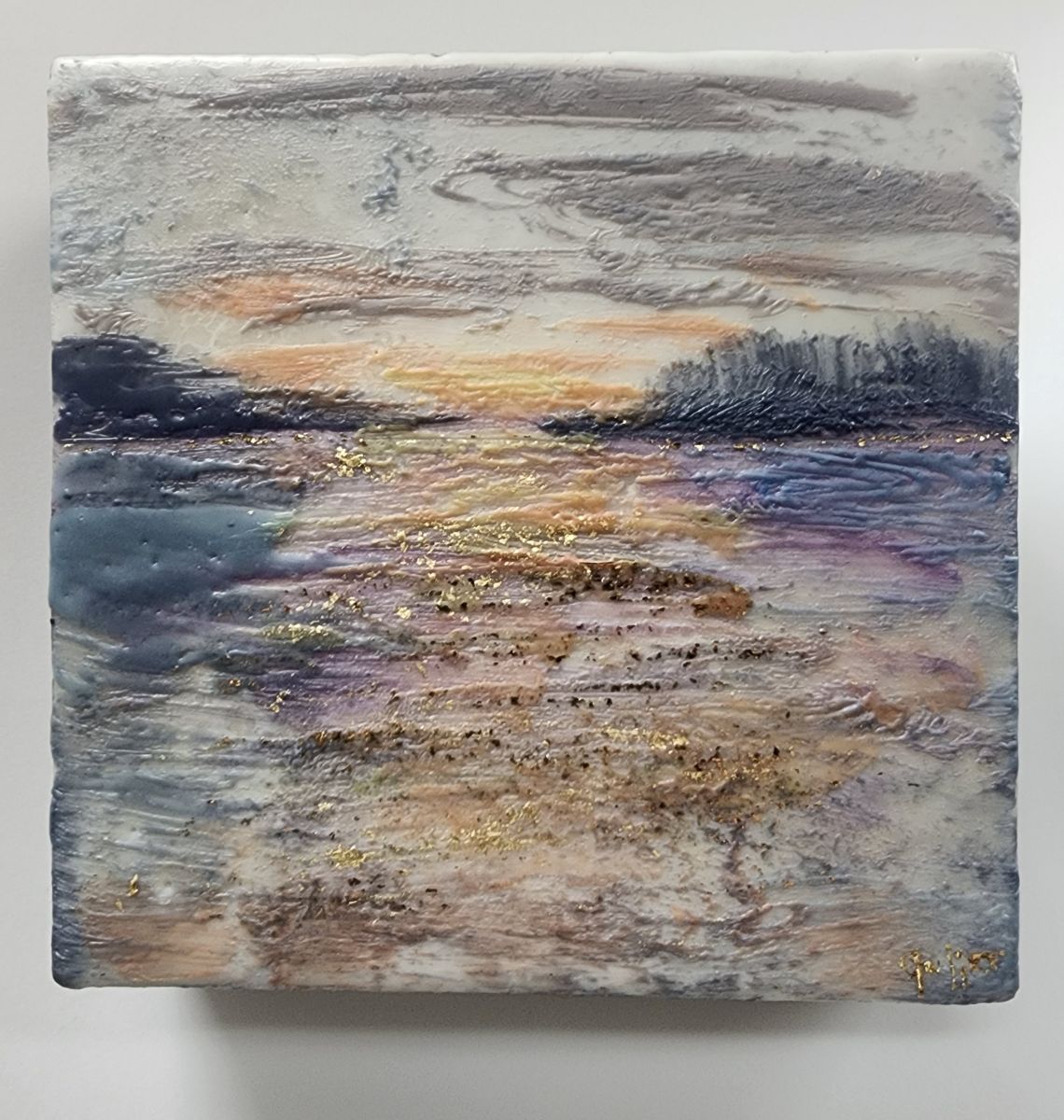 Carrie Goller - PNW Fog, Mixed Media - Oil/Encaustic with Metal Leaf, 5.5 x 5.5