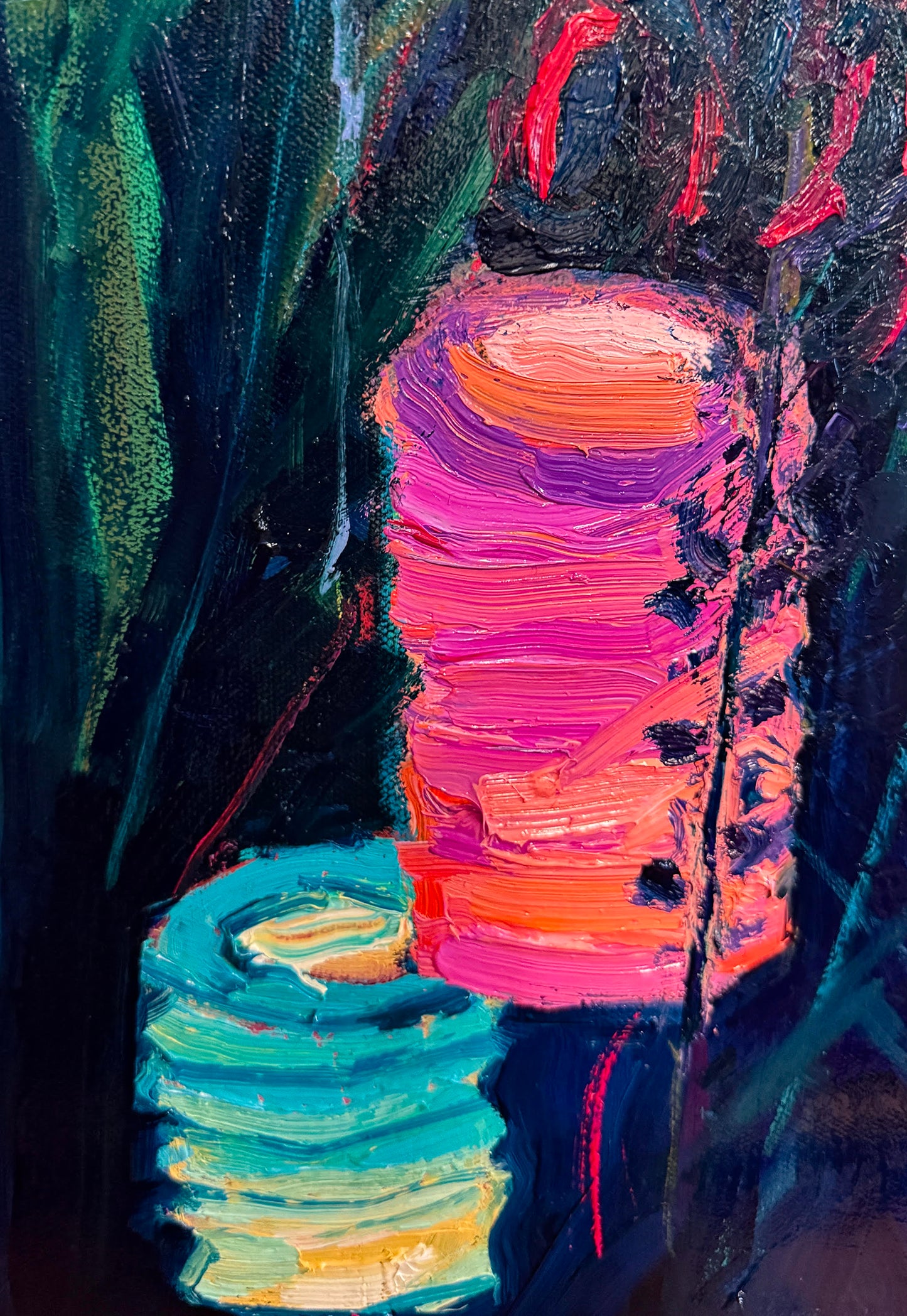 BRIAN MAHIEU - Paper Lanterns, Ginger and Cannas—Nightfall, Plein Air Oil, 24" X 36"