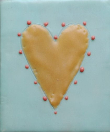 ***SOLD*** Carrie Goller - Peachy Heart with Pink Dots on Blue, encaustic 4x3.5
