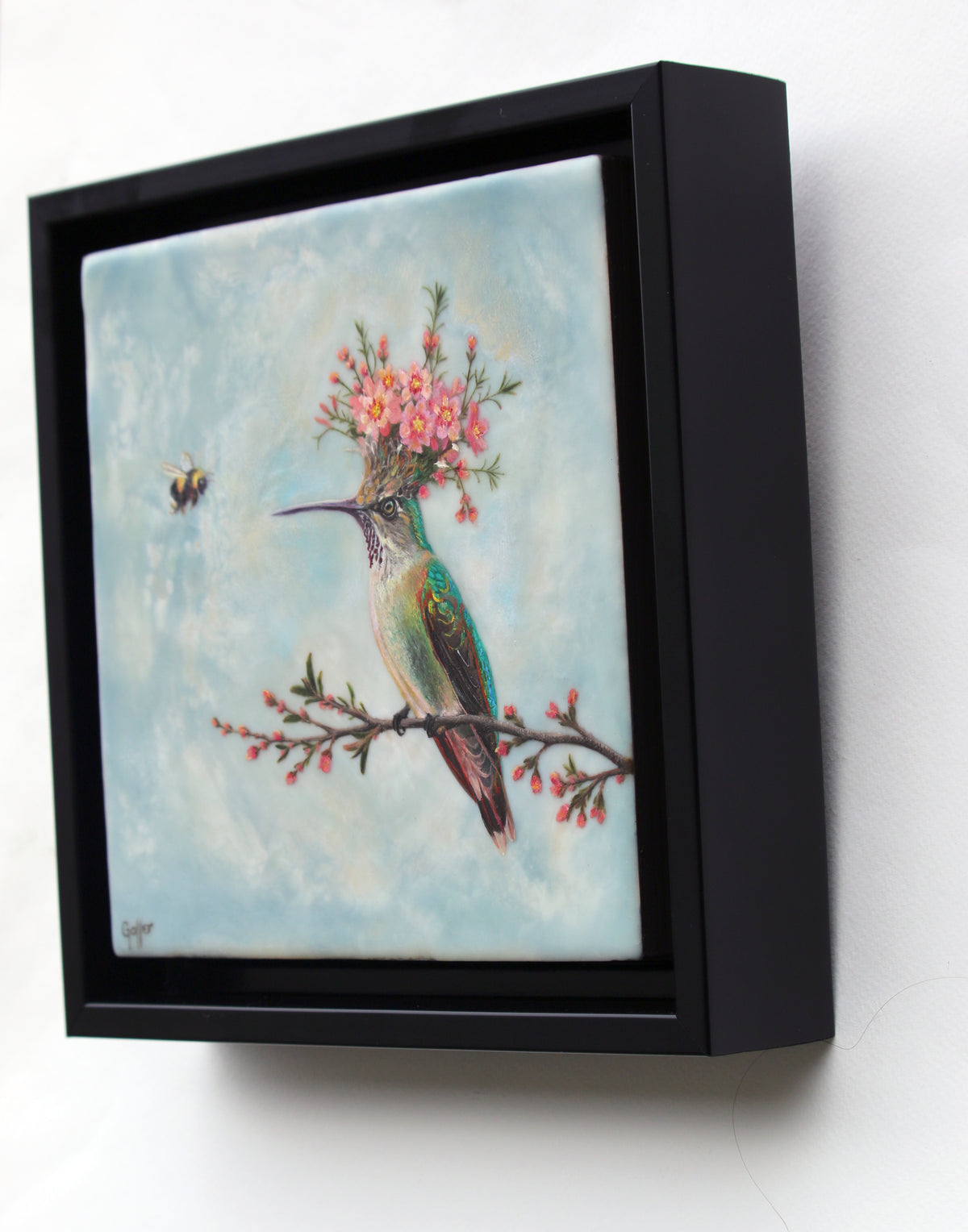 CARRIE GOLLER - Peridot (Floriferous Hummingbird), Mixed Media - Oil/Encaustic 8"x 8" ***At Jones & Terwilliger Galleries, Carmel, CA please inquire at (831) 626-9100***