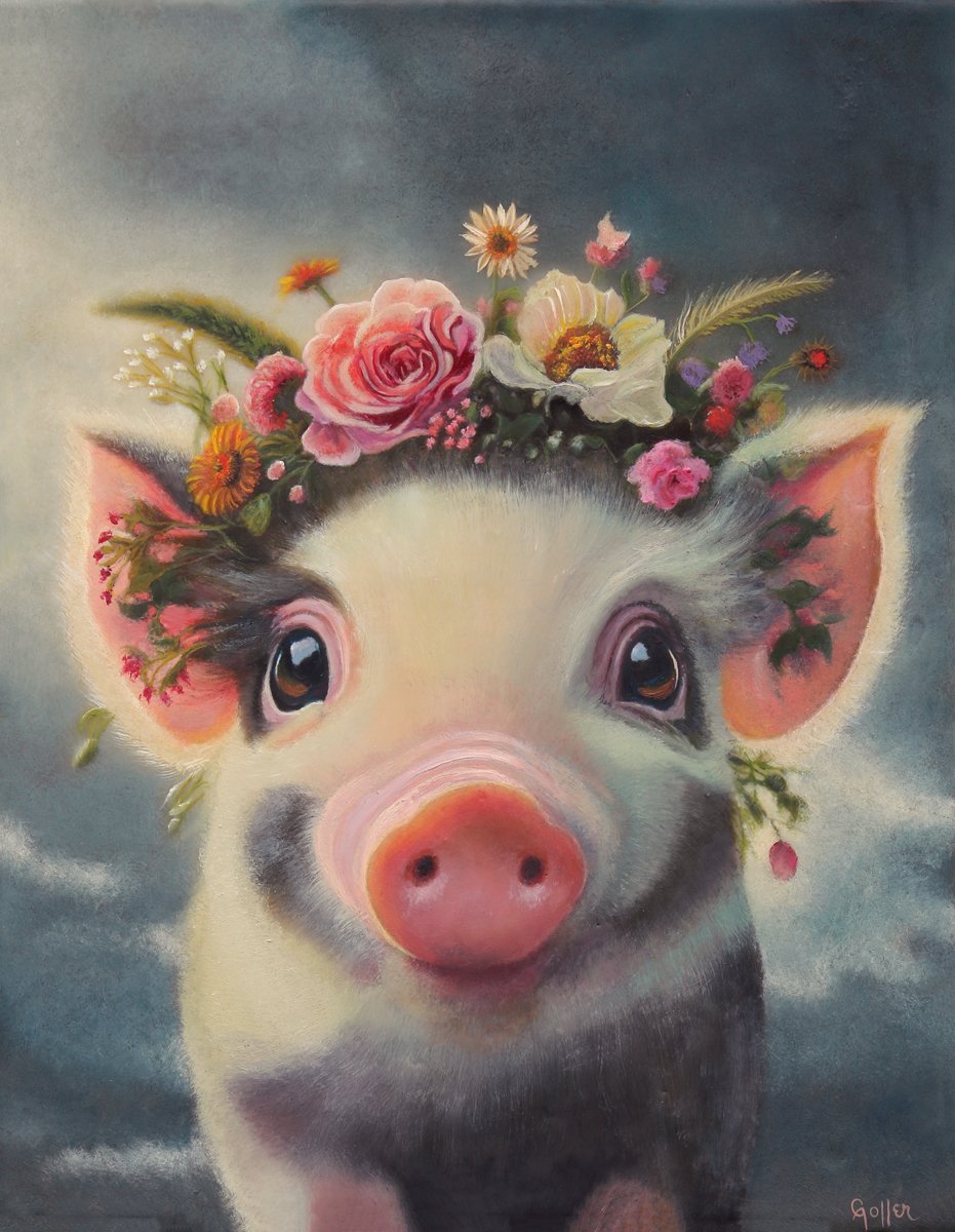 CARRIE GOLLER - Petunia (Floriferous Collection, Pig, Mixed Media - oil/encaustic 14x11 ***At Rehs Contemporary Galleries, NYC, please inquire at (212) 355-5710***