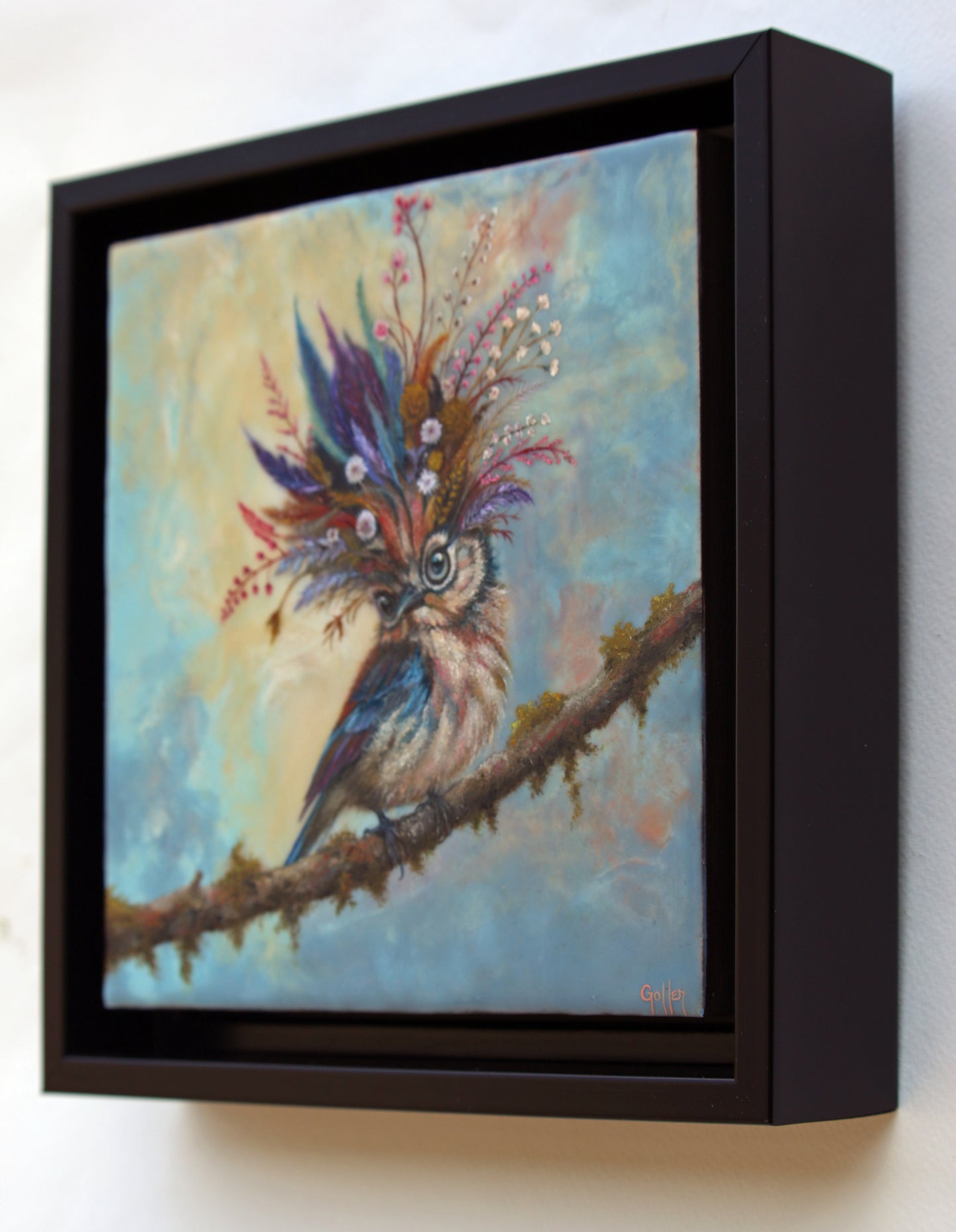 CARRIE GOLLER - Piccolo (Floriferous Bird), Mixed Media - Oil/Encaustic 8"x 8" ***At Seattle Art Fair with Rehs Contemporary Galleries, NYC, please inquire at (212) 355-5710***