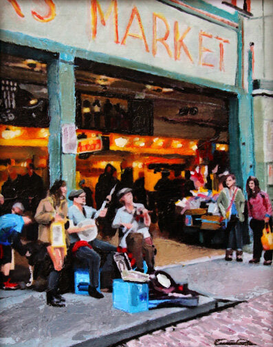 Prints available, original ***SOLD*** Carrie Goller - Pike Place Buskers, Mixed Media -14x11