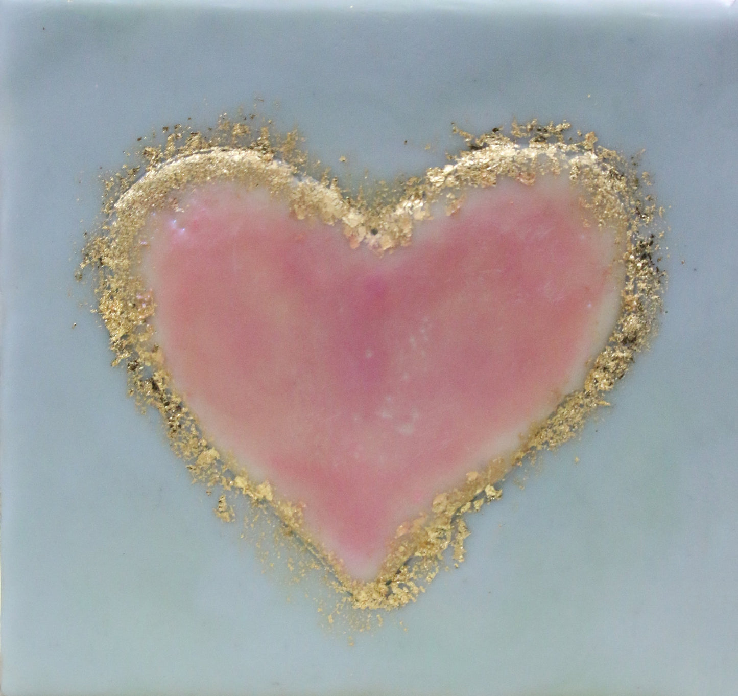 ***SOLD*** Carrie Goller - Encaustic Heart, Pink/Gold Leaf heart on pale 5.5x5.25