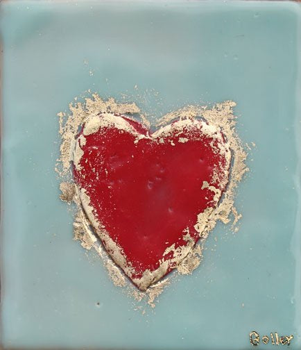 ***SOLD*** Carrie Goller - Pink on Teal Heart with Gold Leaf, encaustic 4x3.5