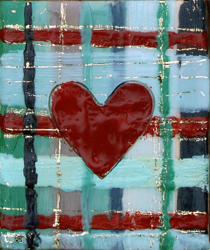 ***SOLD*** Carrie Goller - Plaid Heart with Gold Leaf, encaustic 4x3.5
