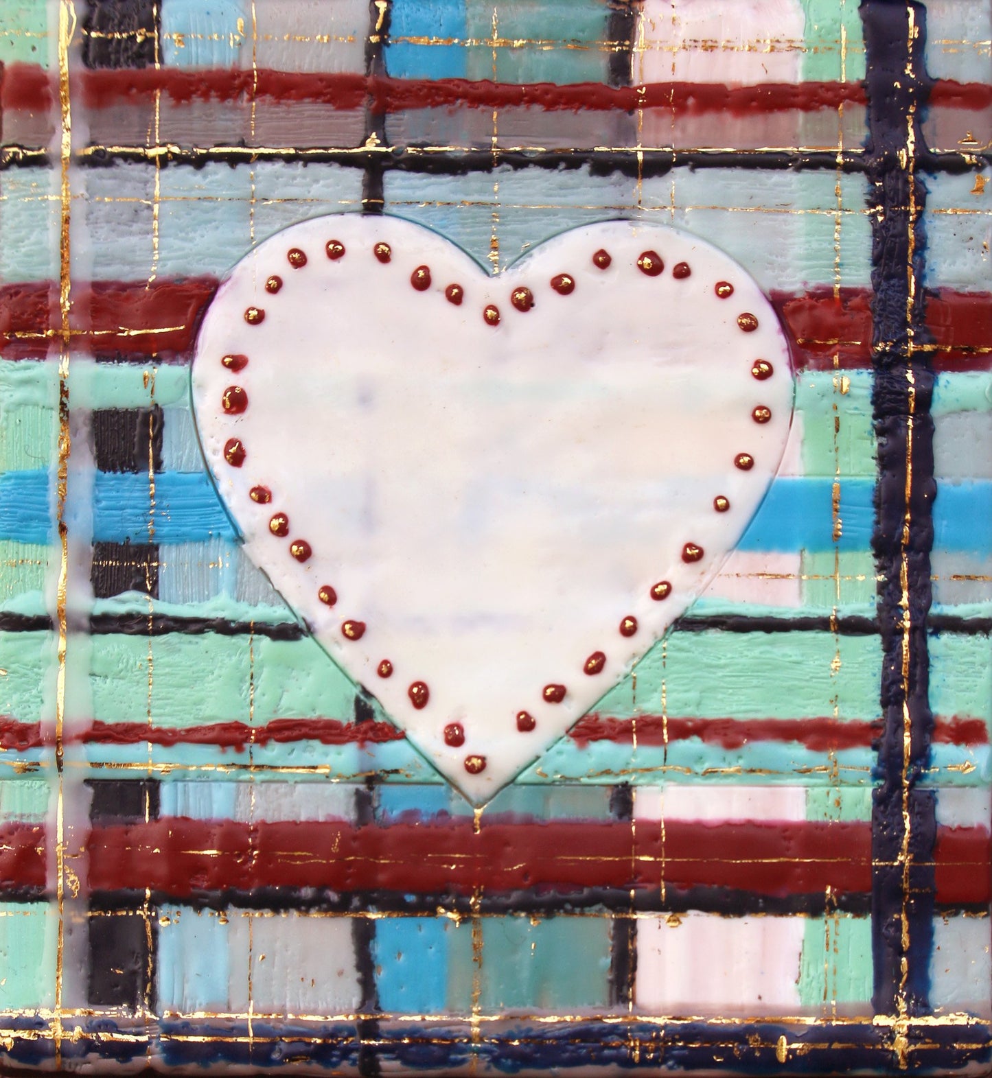 Carrie Goller - Plaid Heart with Gold Leaf, encaustic 7x7