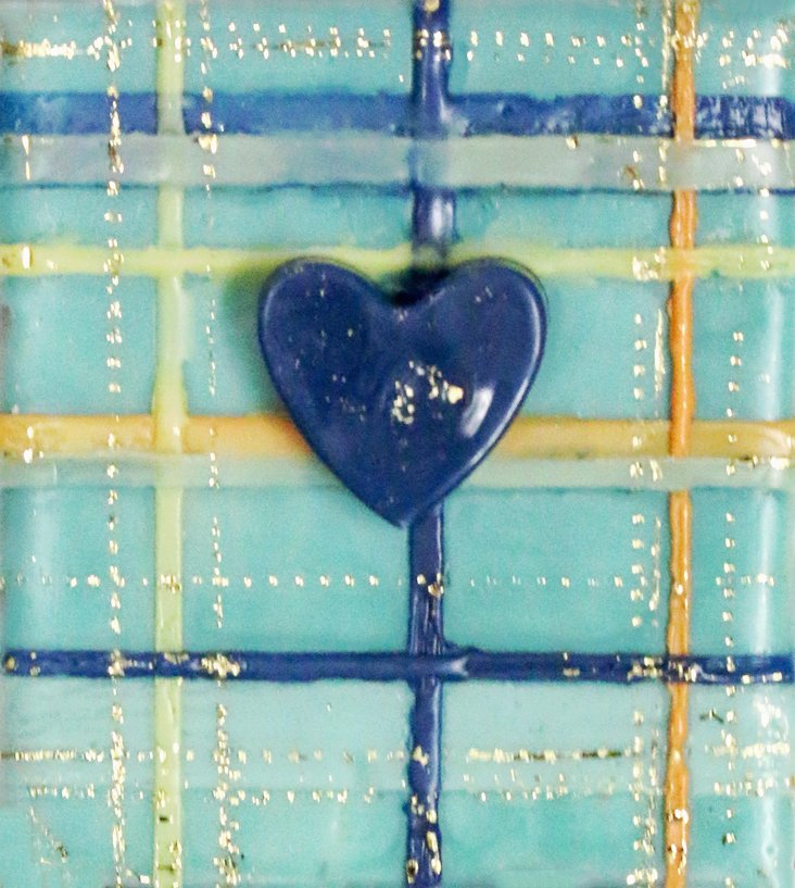 Carrie Goller - *** SOLD ***Blue Heart on Plaid, encaustic, 4x3.5
