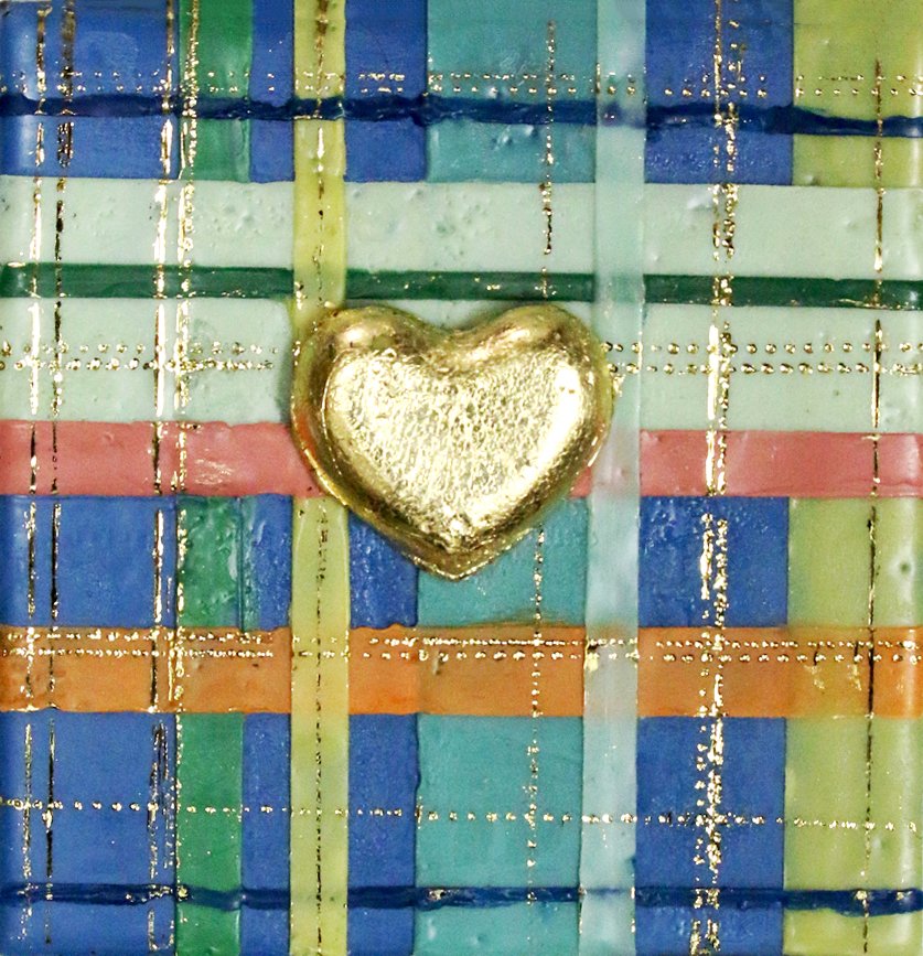 ***SOLD*** Carrie Goller - Gold Heart on Plaid, encaustic 5.5x5