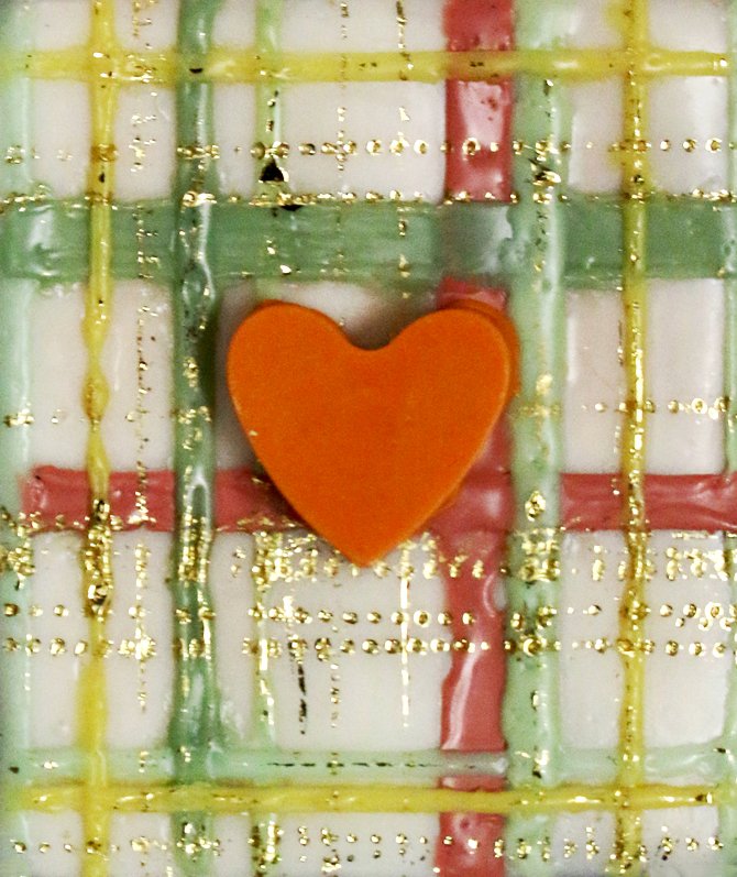 ***SOLD*** Carrie Goller - Orange Heart on Plaid, encaustic, 4x3.5
